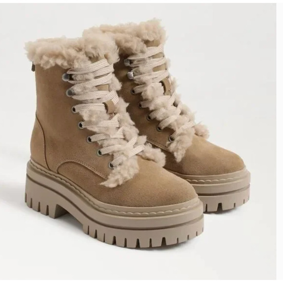 Sam Edelman Kyler 2 Lace Up Combat Boots 9.5 NWOT Tan Suede Fur Ankle Bootie Lug - Picture 1 of 11